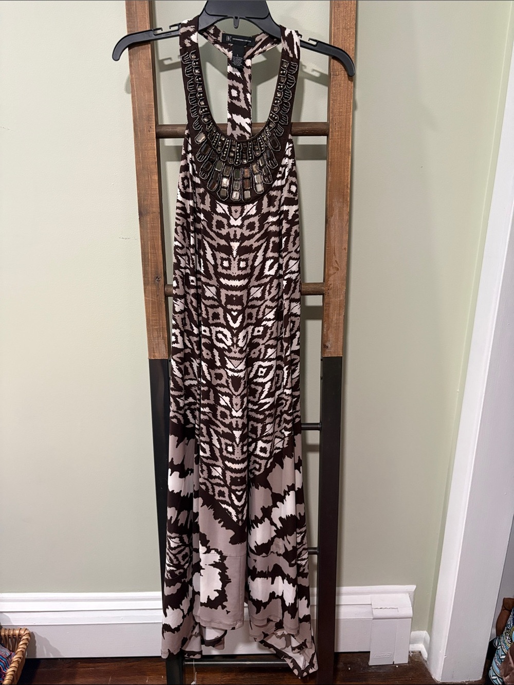 INC International Concepts Brown and Cream Beaded Halter Maxi Dress